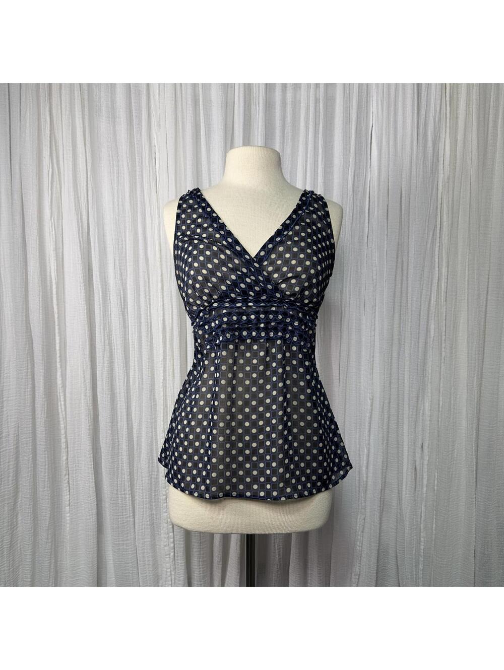 Vintage Indie Boho 90s Polka Dot Navy Sheer Sleeveless Top (S)